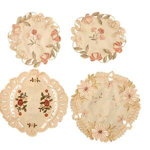 4 Embroidered Floral Doilies Vintage Round Cream & Pink Home Decor Tea Party Tab
